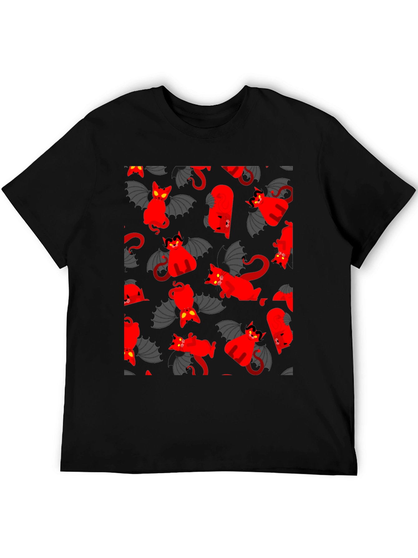 Devil Cat Pattern T-Shirt - Unique Gothic Style Tee