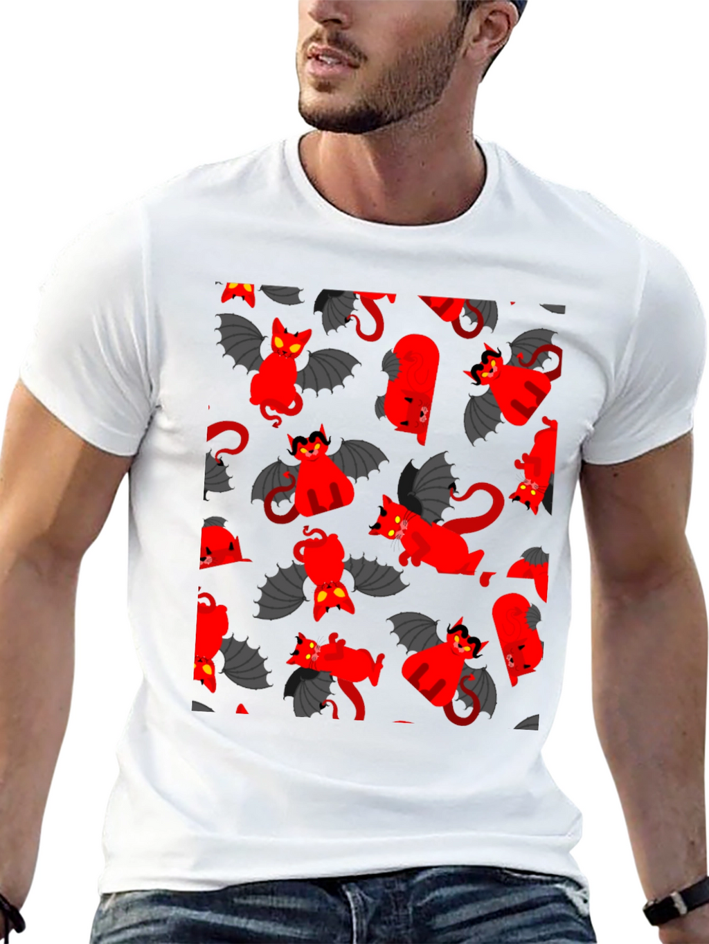 Devil Cat Pattern T-Shirt - Unique Gothic Style Tee