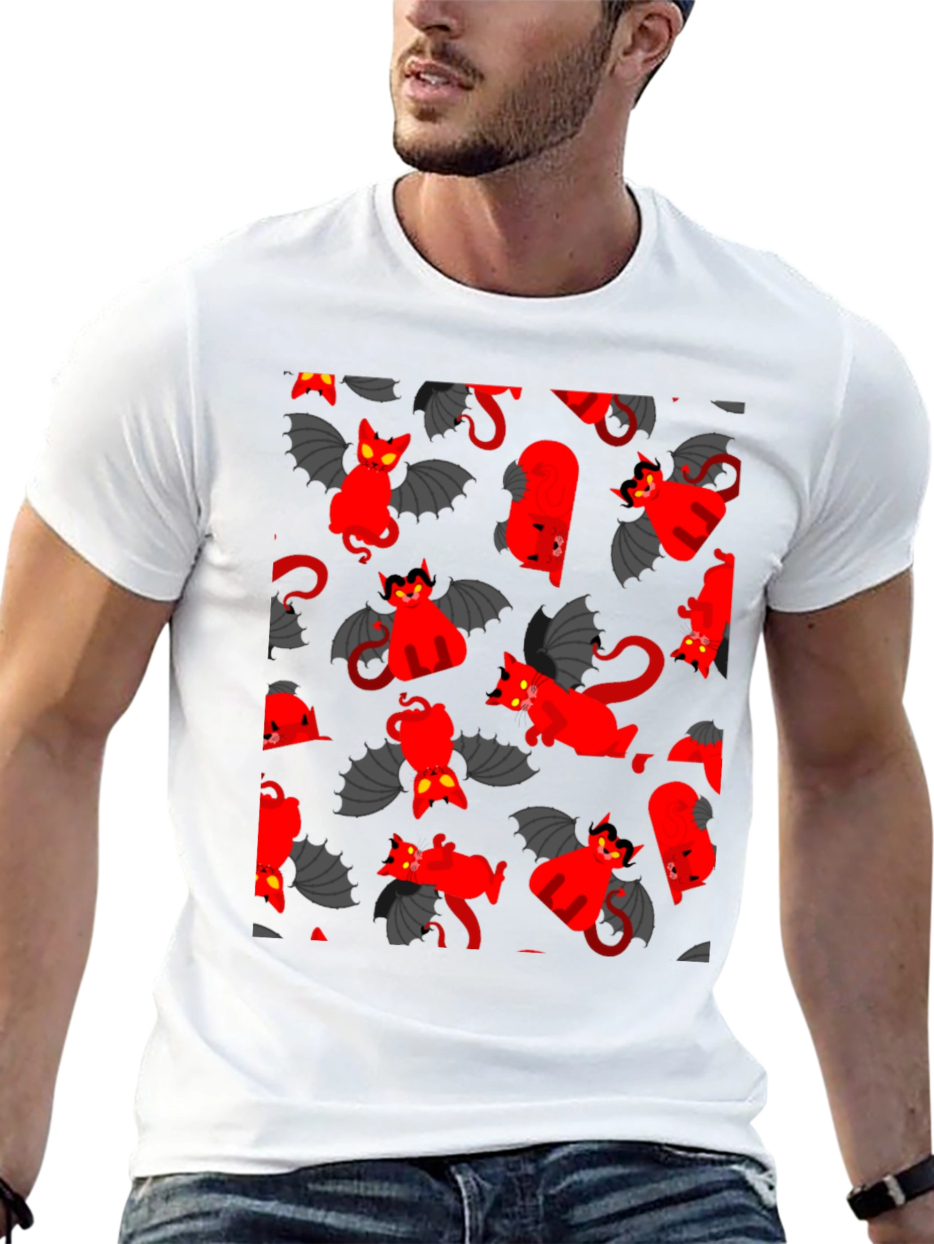 Devil Cat Pattern T-Shirt - Unique Gothic Style Tee