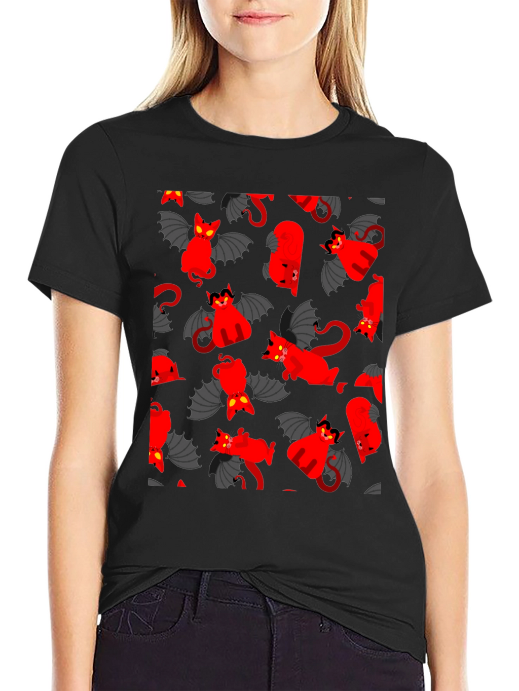 Devil Cat Pattern T-Shirt - Unique Gothic Style Tee