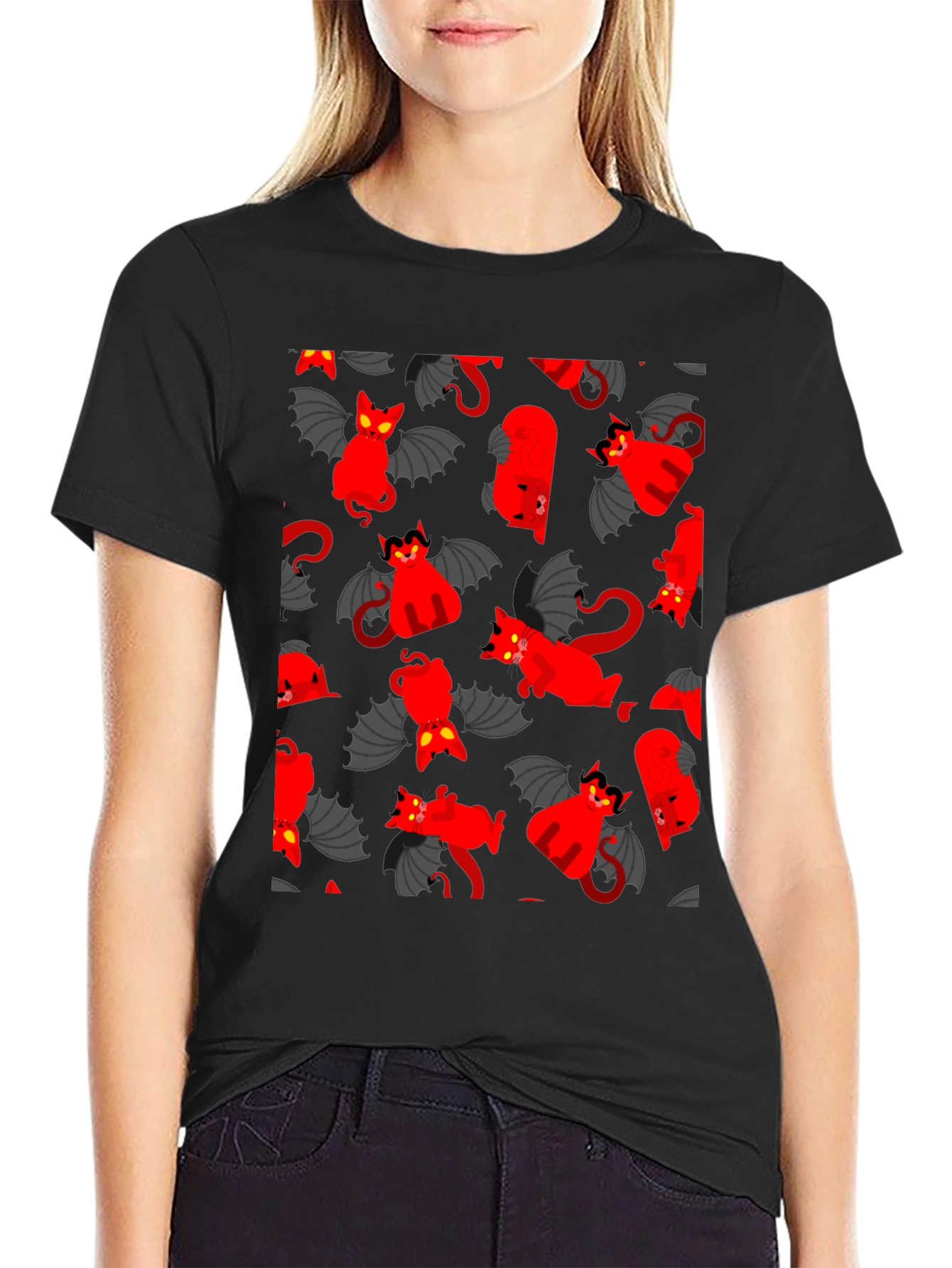 Devil Cat Pattern T-Shirt - Unique Gothic Style Tee