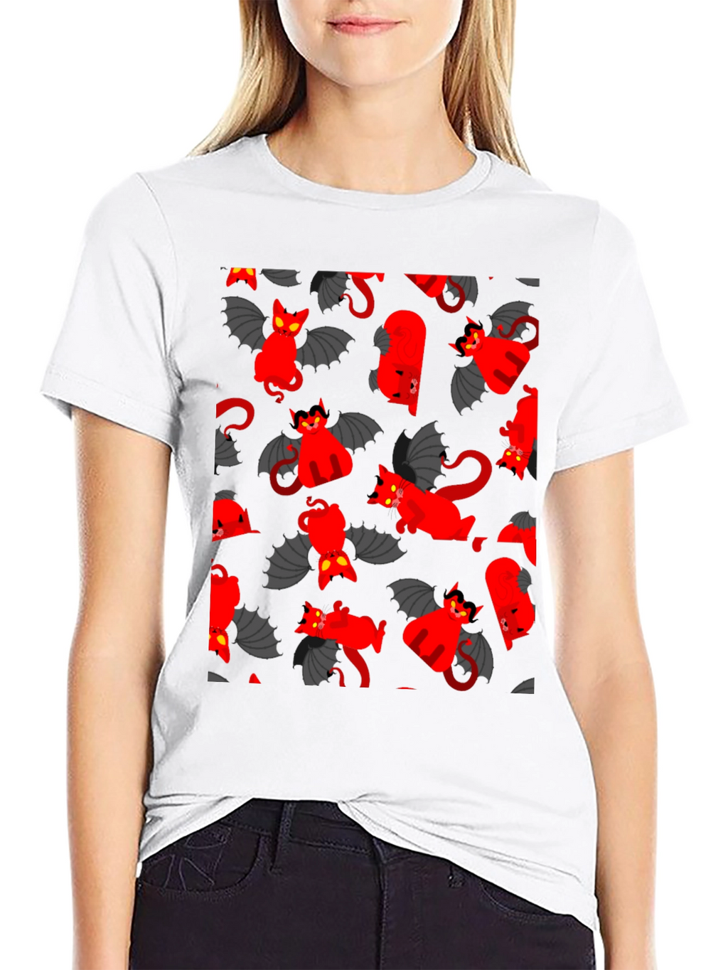 Devil Cat Pattern T-Shirt - Unique Gothic Style Tee