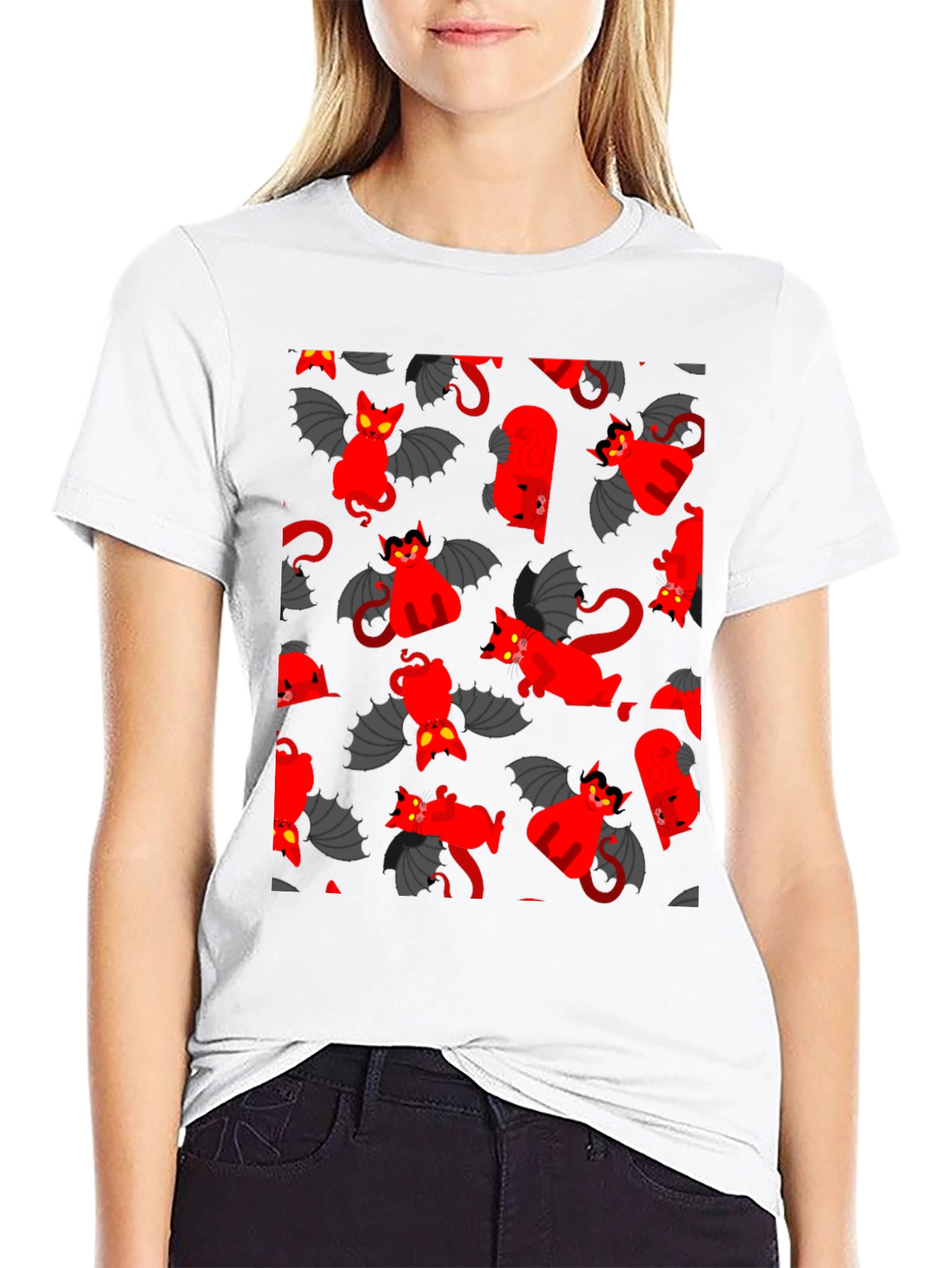 Devil Cat Pattern T-Shirt - Unique Gothic Style Tee