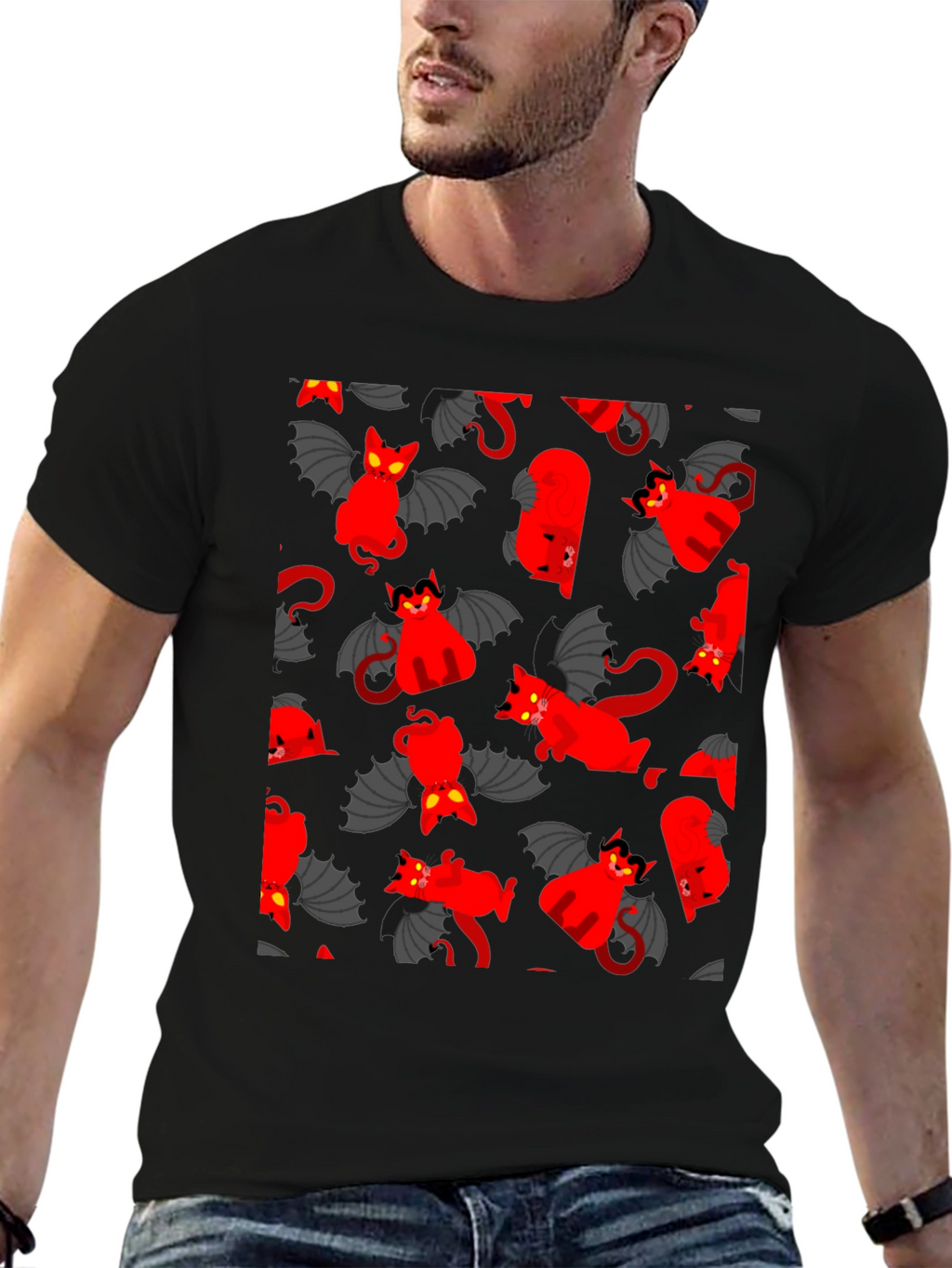 Devil Cat Pattern T-Shirt - Unique Gothic Style Tee