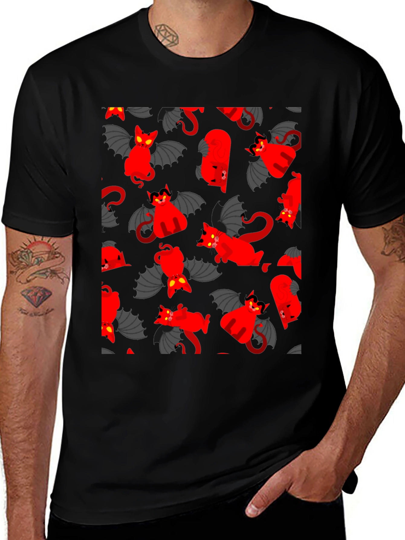 Devil Cat Pattern T-Shirt - Unique Gothic Style Tee
