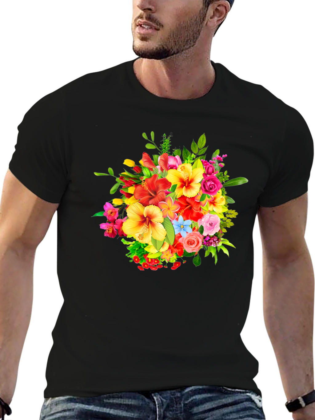 Floral Bouquet Graphic Print Black T-Shirt