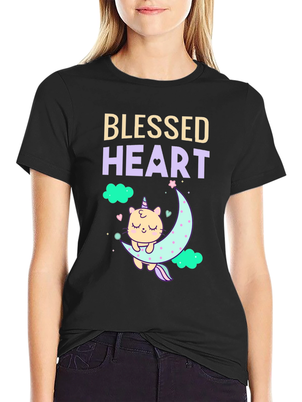 Blessed Heart Unicorn Cat Moon T-Shirt