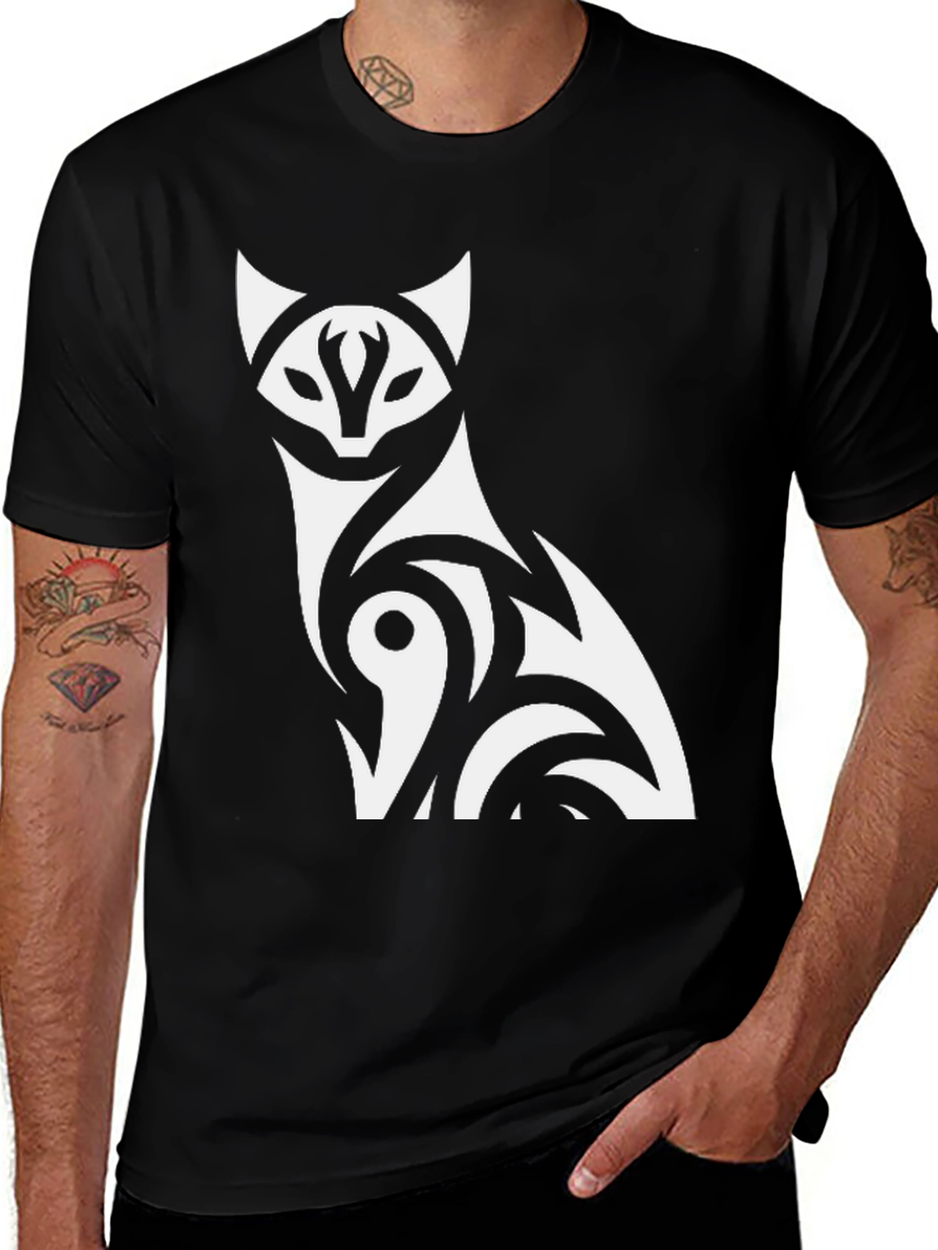 Tribal Cat Graphic T-Shirt - Black