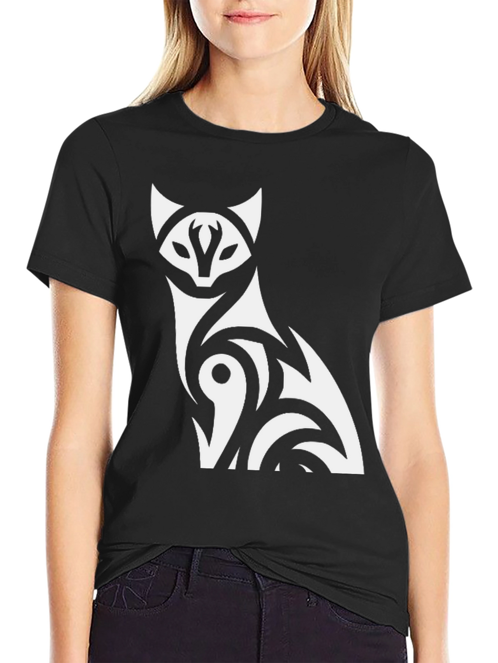 Tribal Cat Graphic T-Shirt - Black