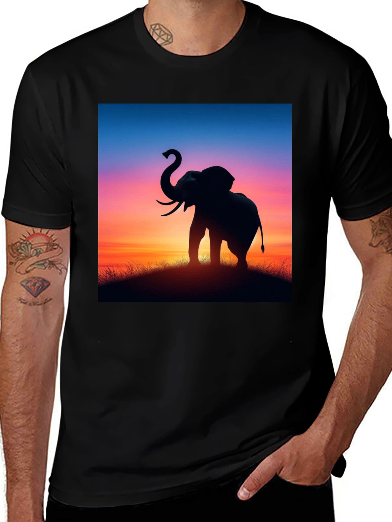 Elephant Sunset Graphic Tee - Stylish Black T-Shirt
