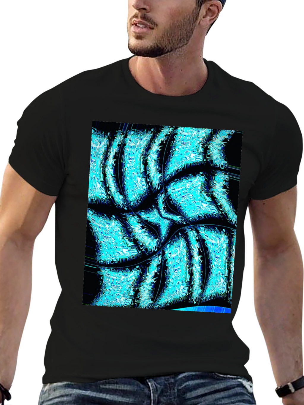 Abstract Aqua Print Black T-Shirt