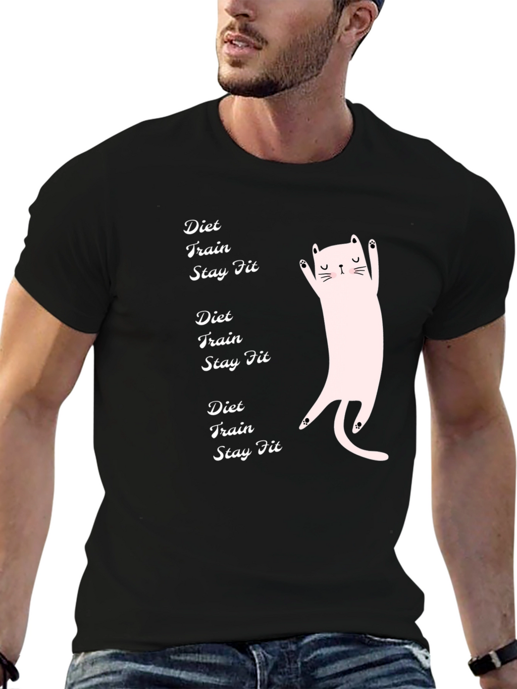 Diet Train Stay Fit Black T-Shirt with Cat Graphic