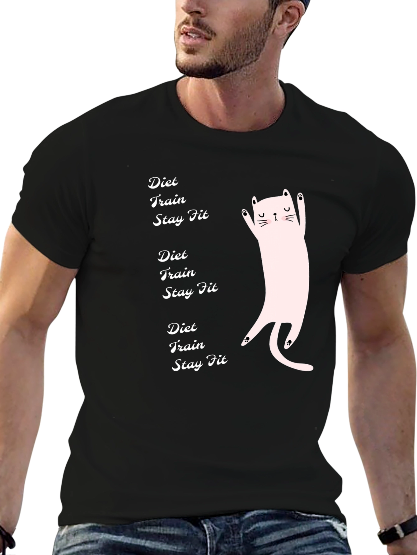 Diet Train Stay Fit Black T-Shirt with Cat Graphic