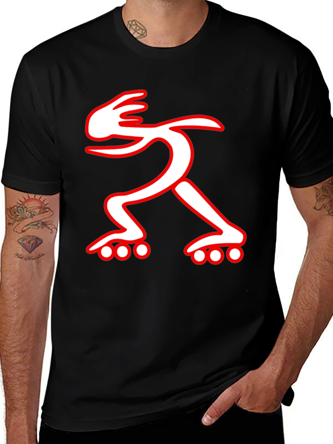 Black T-Shirt with Red and White Roller Skate Design