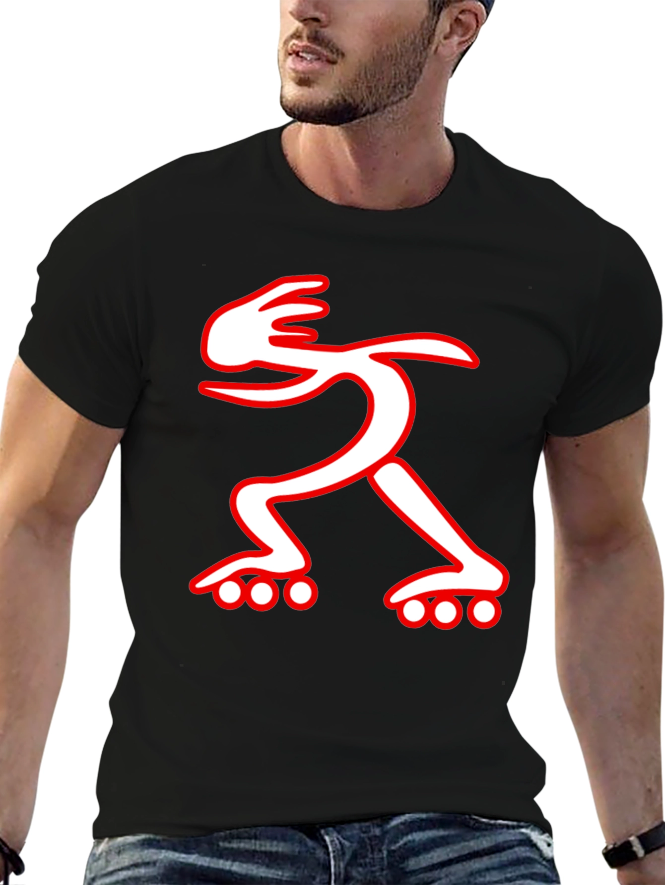 Black T-Shirt with Red and White Roller Skate Design