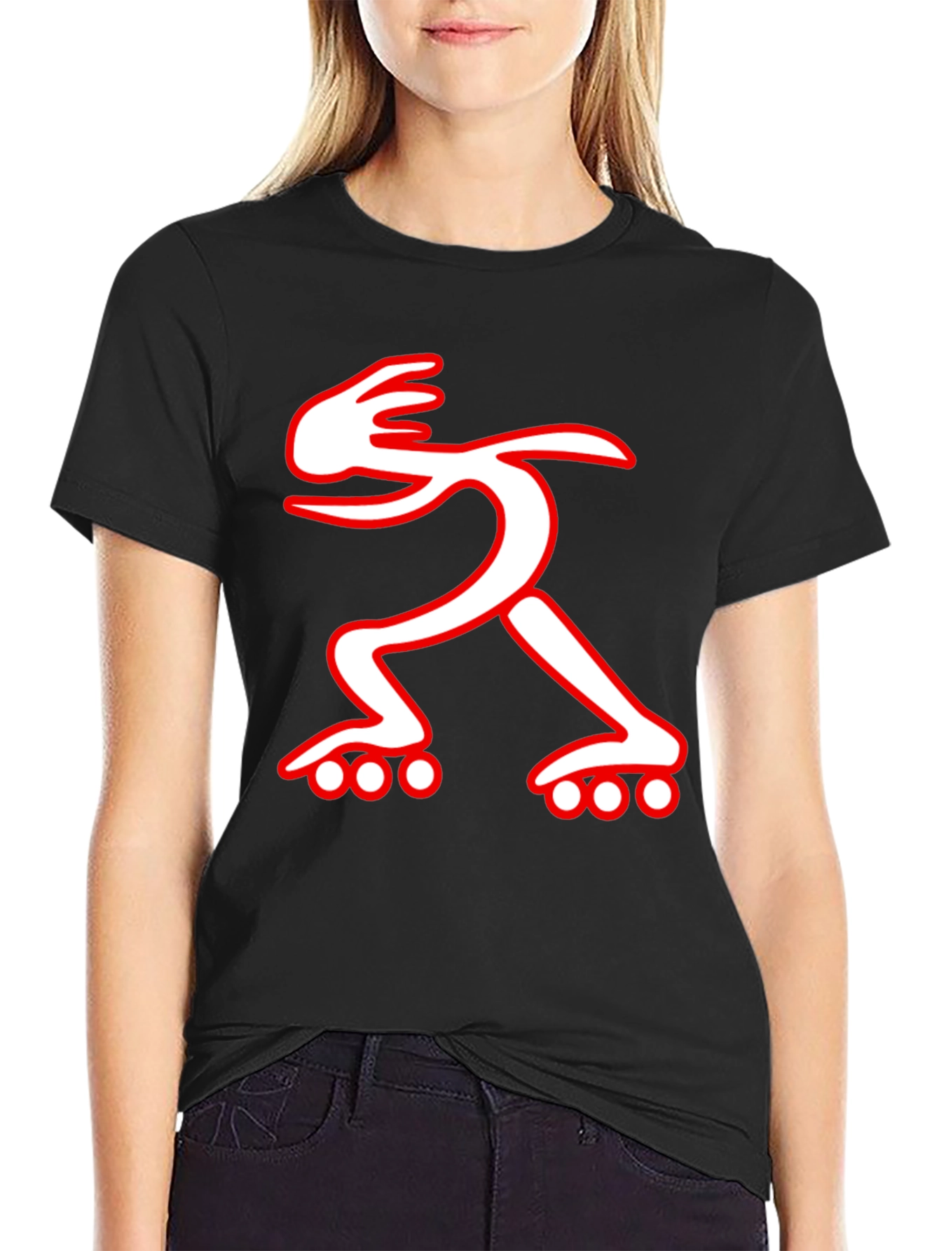 Black T-Shirt with Red and White Roller Skate Design