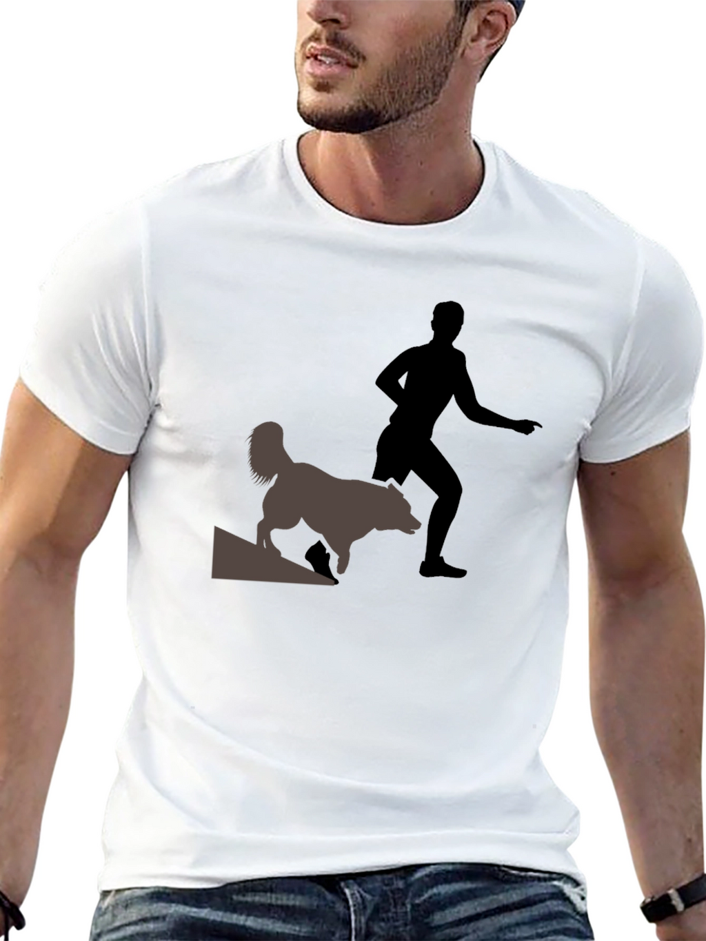 Black T-Shirt with Man and Dog Graphic