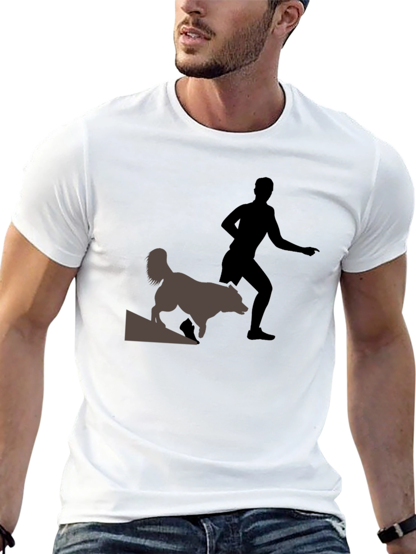 Black T-Shirt with Man and Dog Graphic