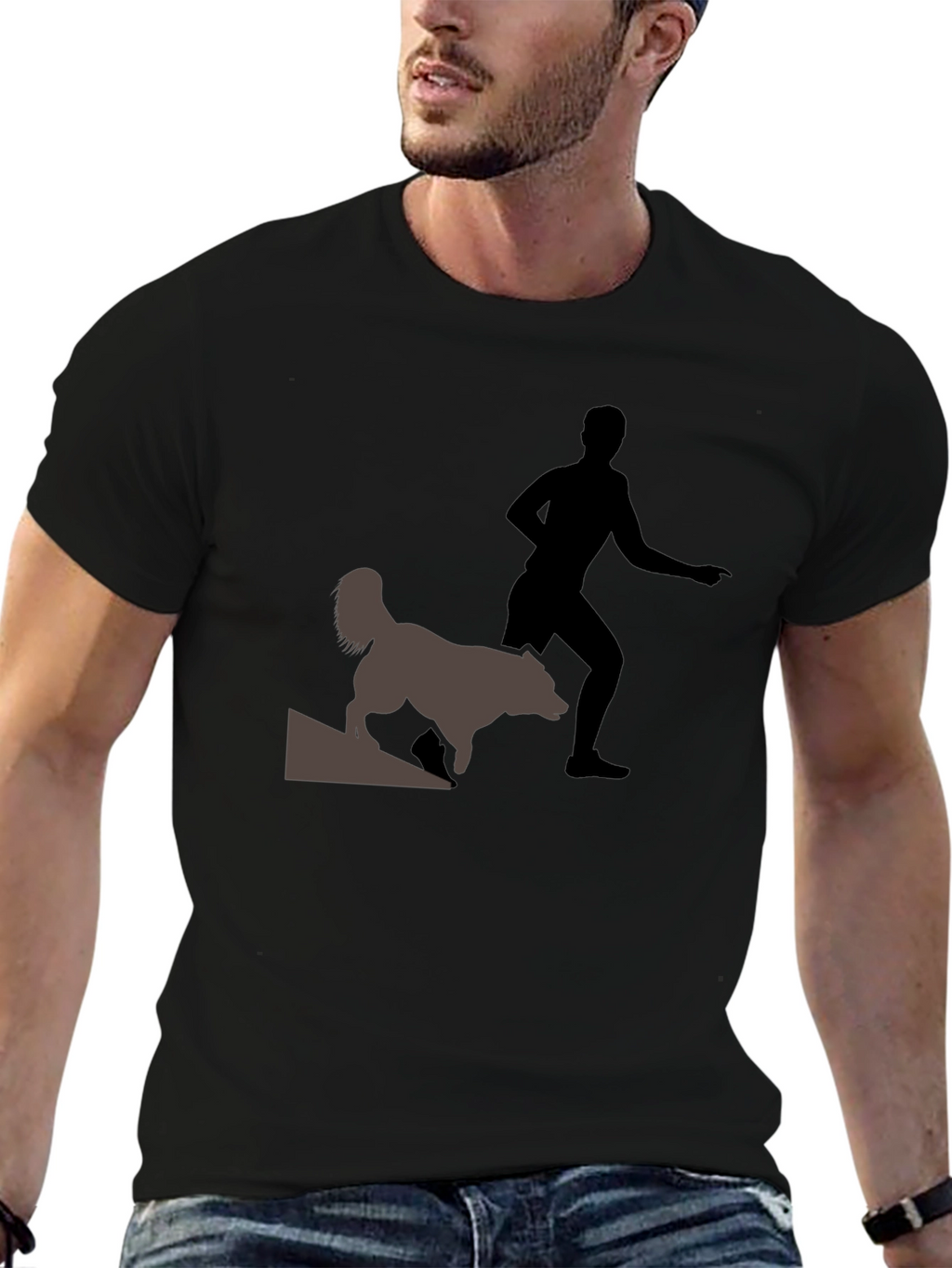 Black T-Shirt with Man and Dog Graphic