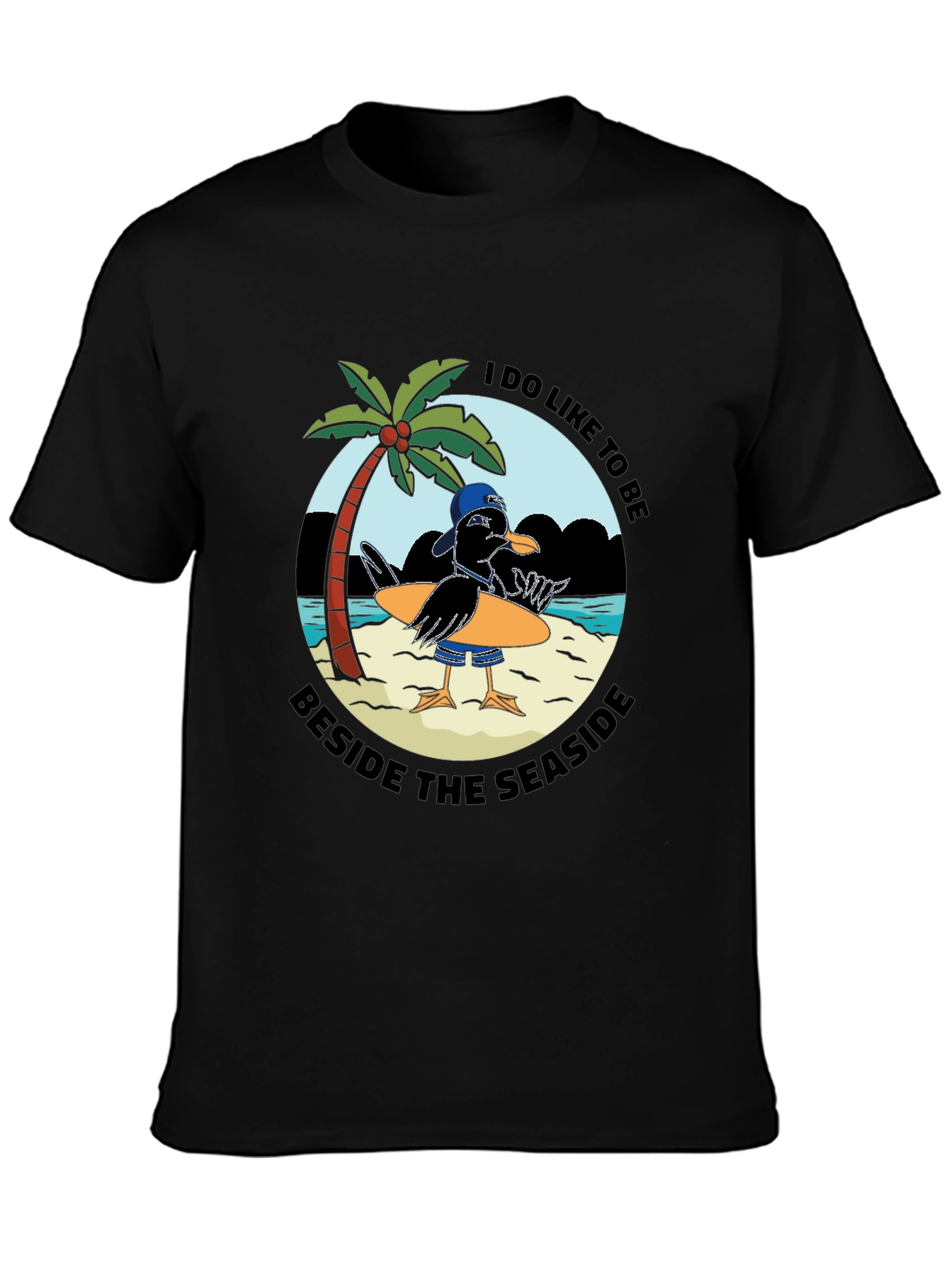 Seaside Seagull Graphic Tee - Black Cotton T-Shirt