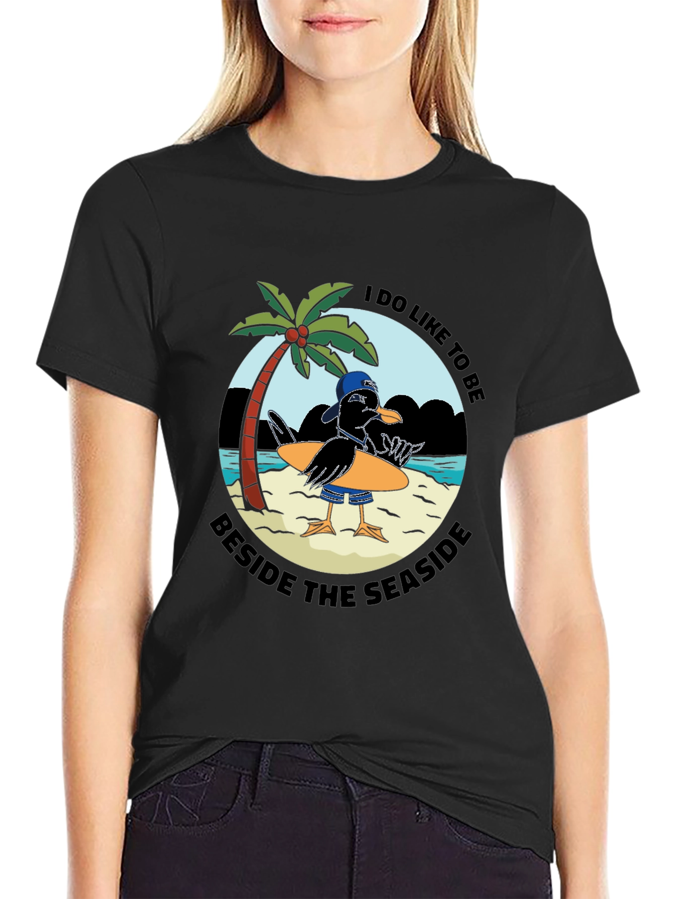 Seaside Seagull Graphic Tee - Black Cotton T-Shirt