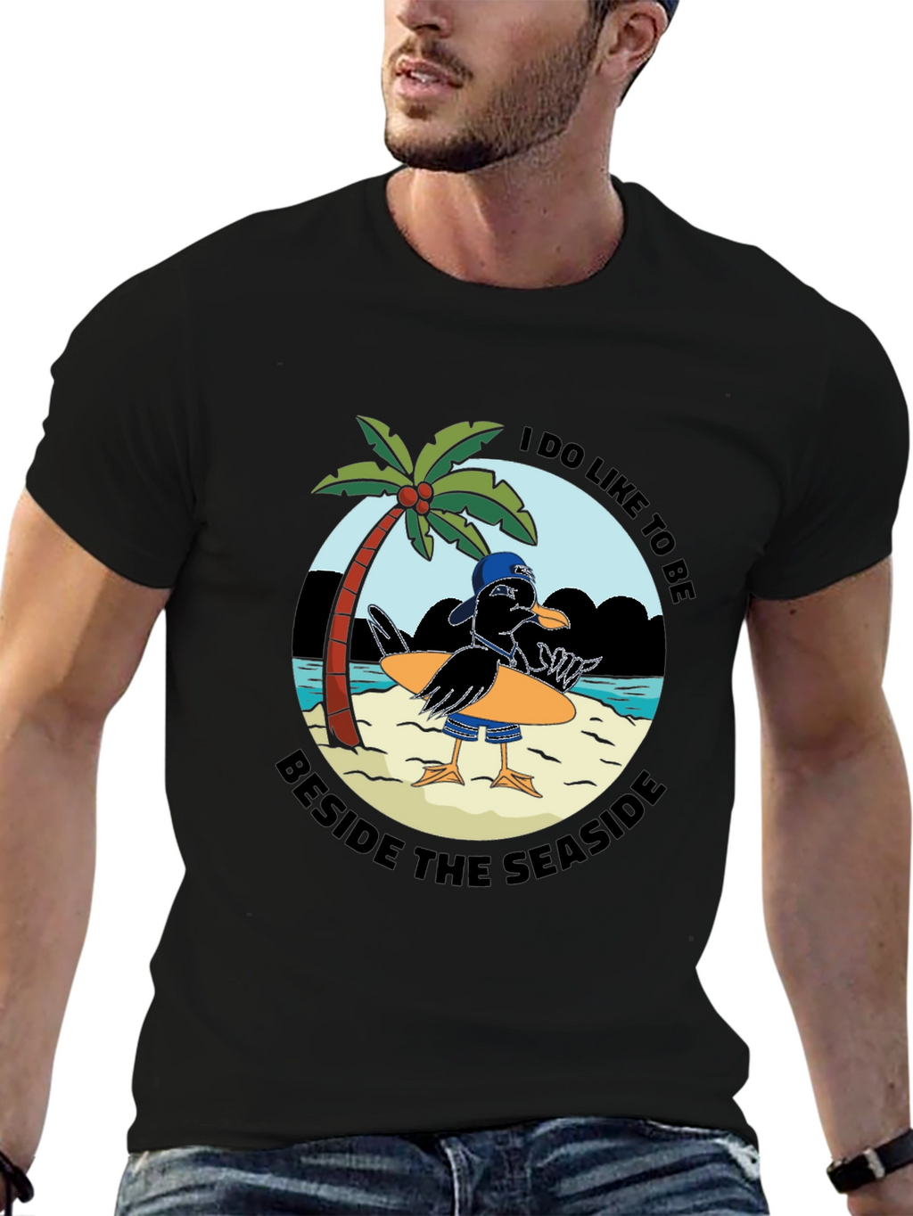 Seaside Seagull Graphic Tee - Black Cotton T-Shirt