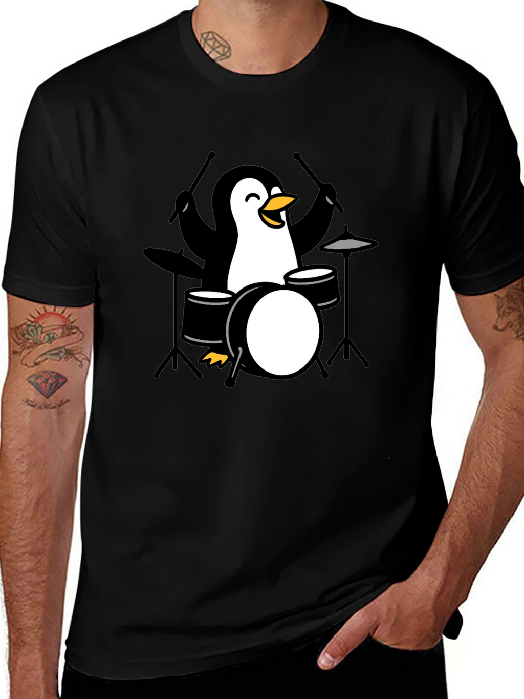 Penguin Drummer Black T-Shirt - Music Lover Tee