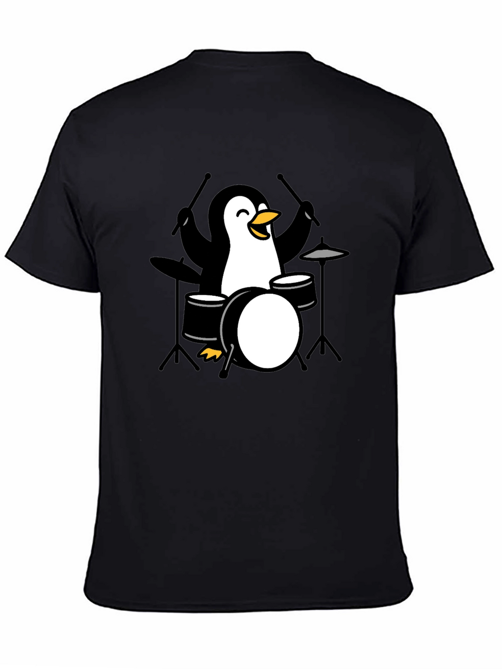 Penguin Drummer Black T-Shirt - Music Lover Tee