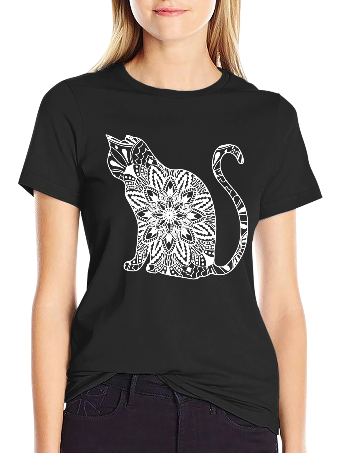 Black Cat Mandala T-Shirt - Unique Graphic Tee