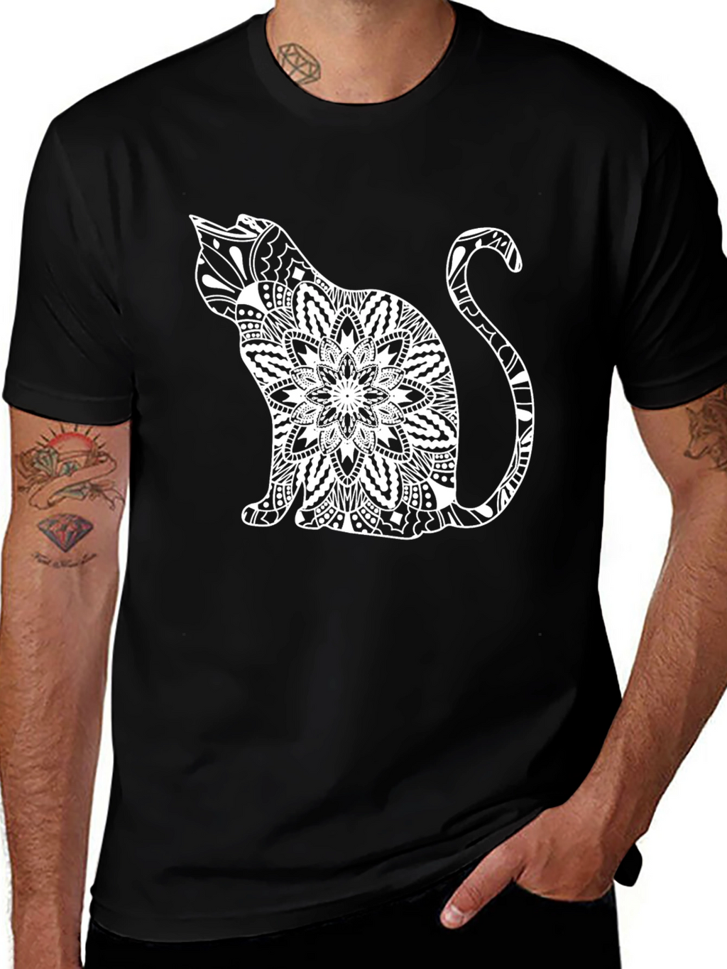 Black Cat Mandala T-Shirt - Unique Graphic Tee