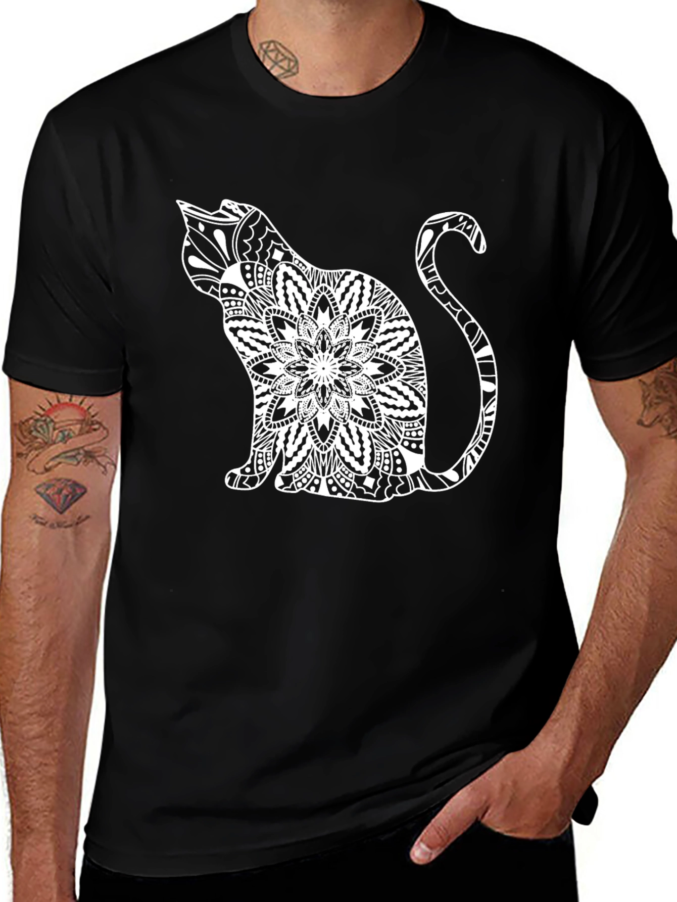 Black Cat Mandala T-Shirt - Unique Graphic Tee