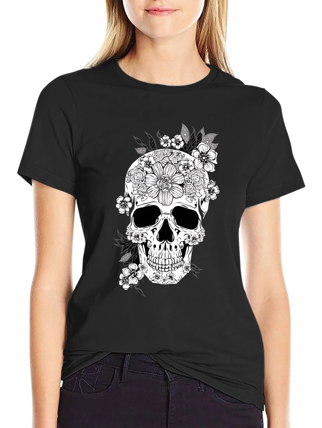 Floral Skull Graphic Tee - Black Cotton T-Shirt
