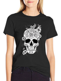 Floral Skull Graphic Tee - Black Cotton T-Shirt