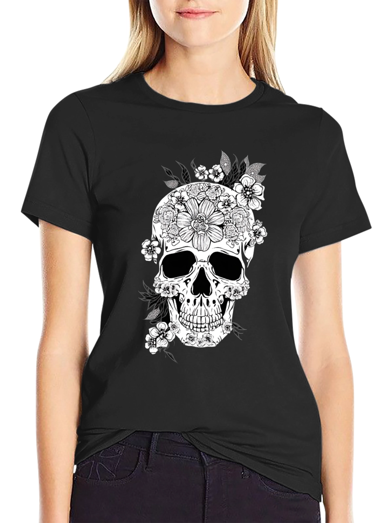 Floral Skull Graphic Tee - Black Cotton T-Shirt