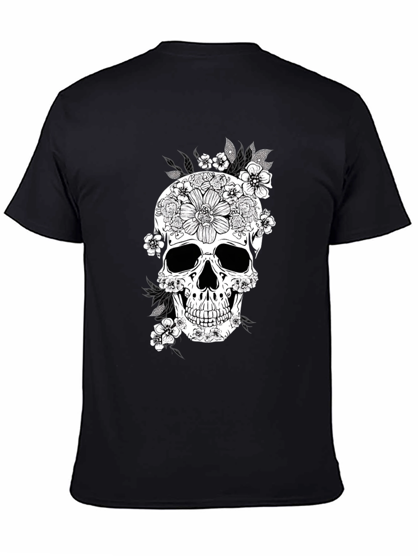 Floral Skull Graphic Tee - Black Cotton T-Shirt