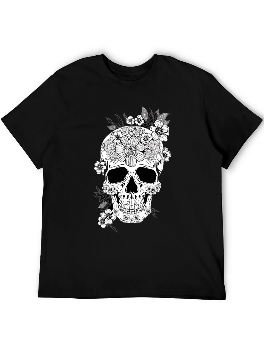 Floral Skull Graphic Tee - Black Cotton T-Shirt