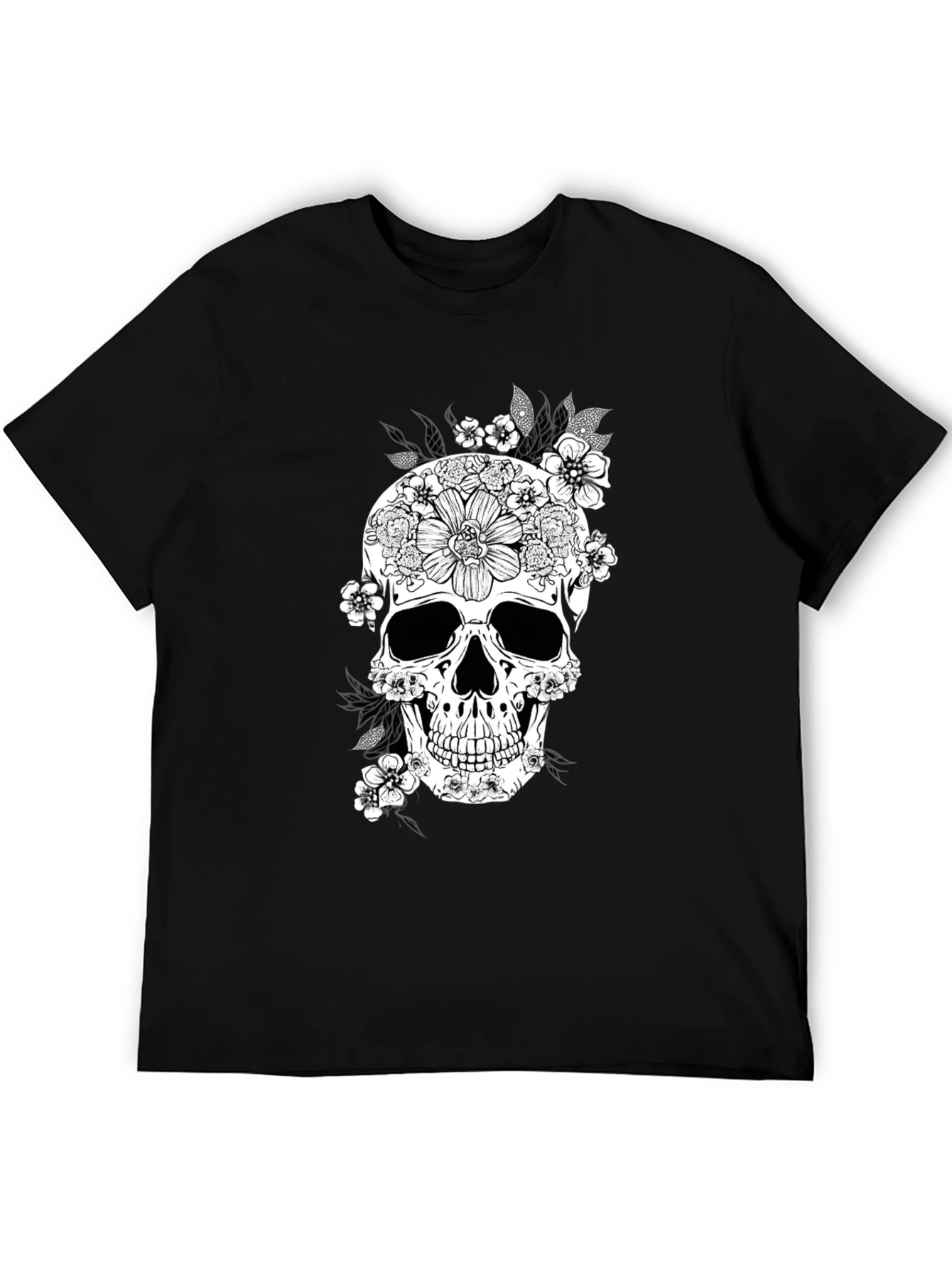 Floral Skull Graphic Tee - Black Cotton T-Shirt