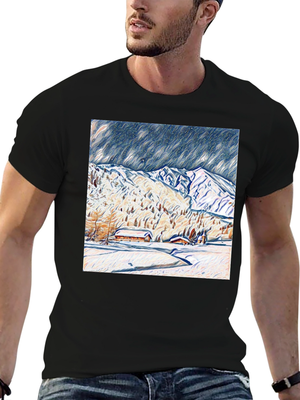 Snowy Mountain Scene Graphic Tee - Black