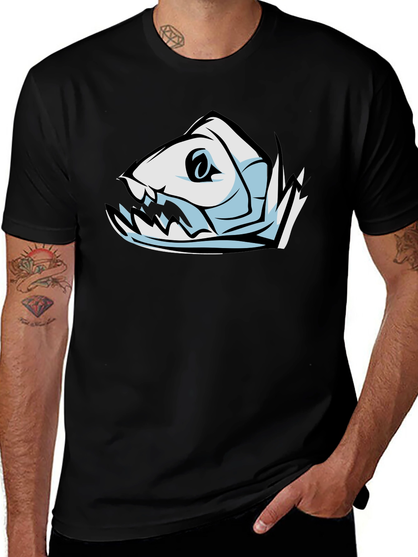Cool Fish Skeleton Graphic Black T-Shirt
