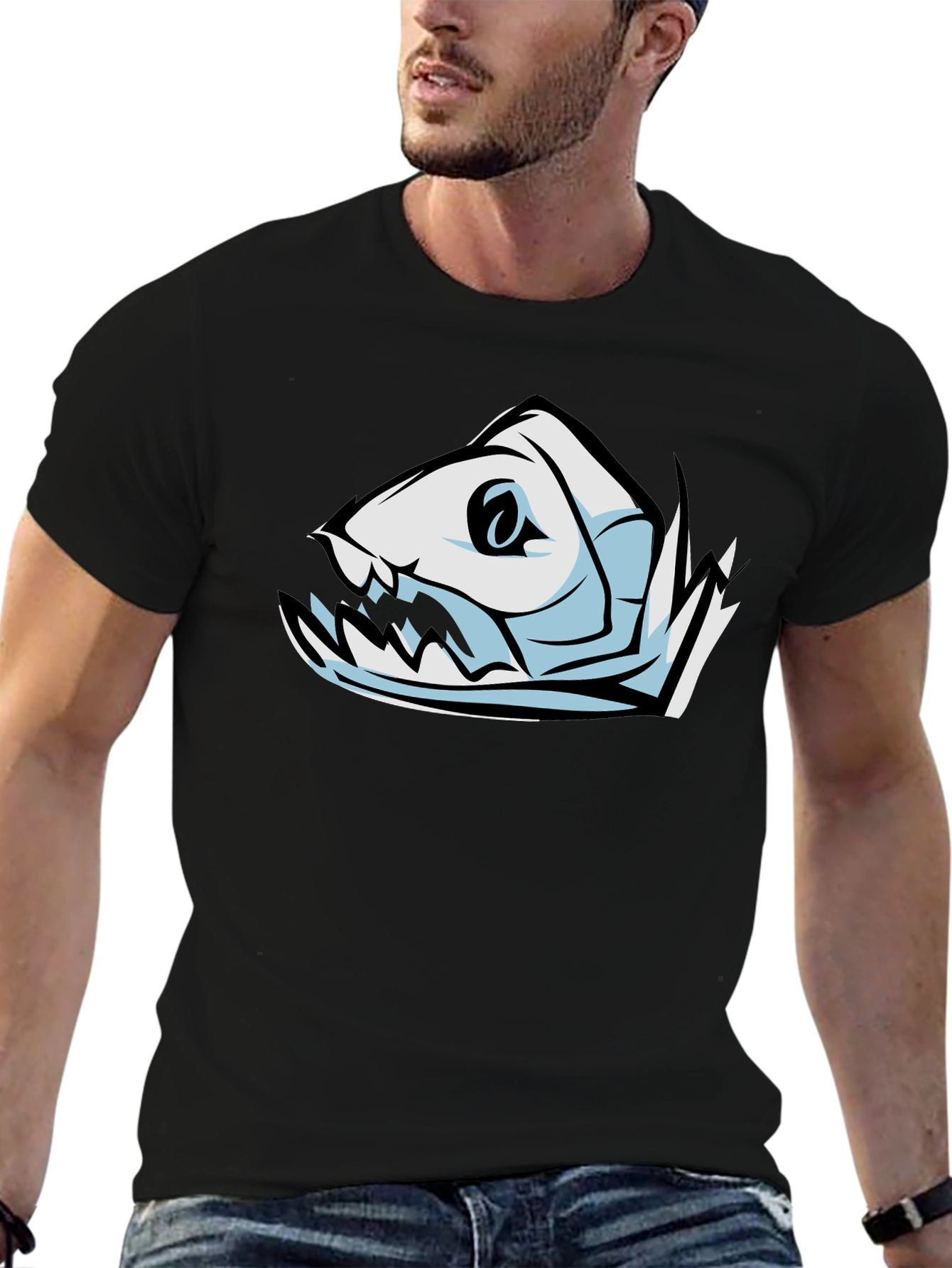 Cool Fish Skeleton Graphic Black T-Shirt