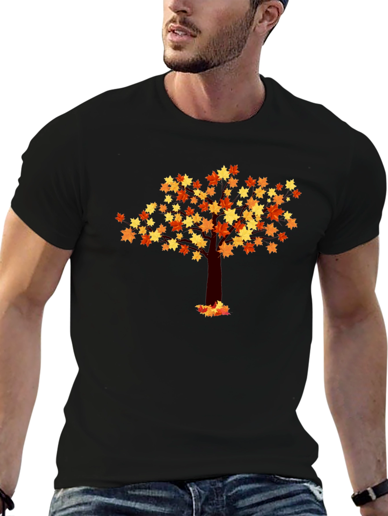 Autumn Leaf Tree Graphic Tee - Black Cotton Shirt