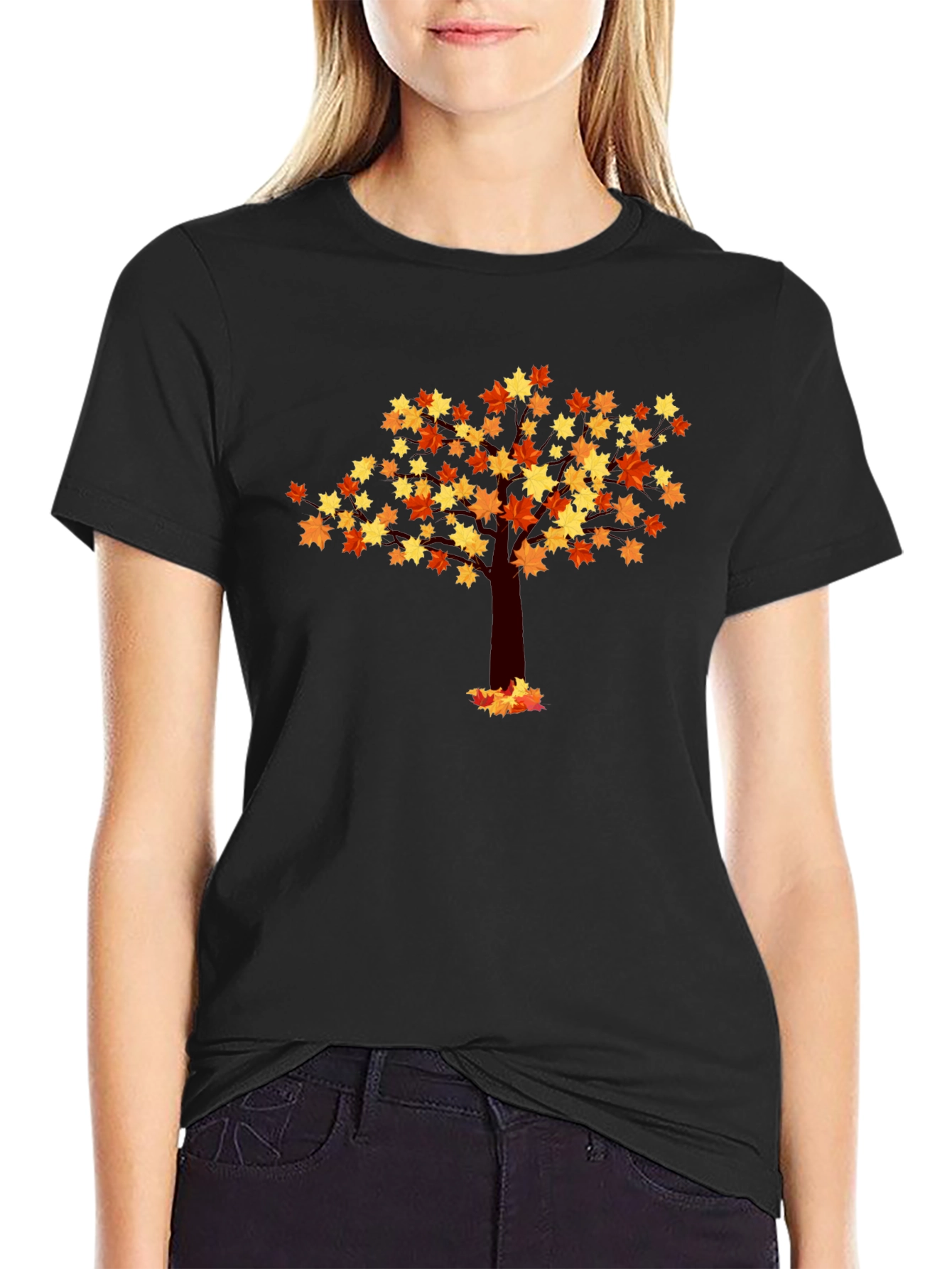 Autumn Leaf Tree Graphic Tee - Black Cotton Shirt