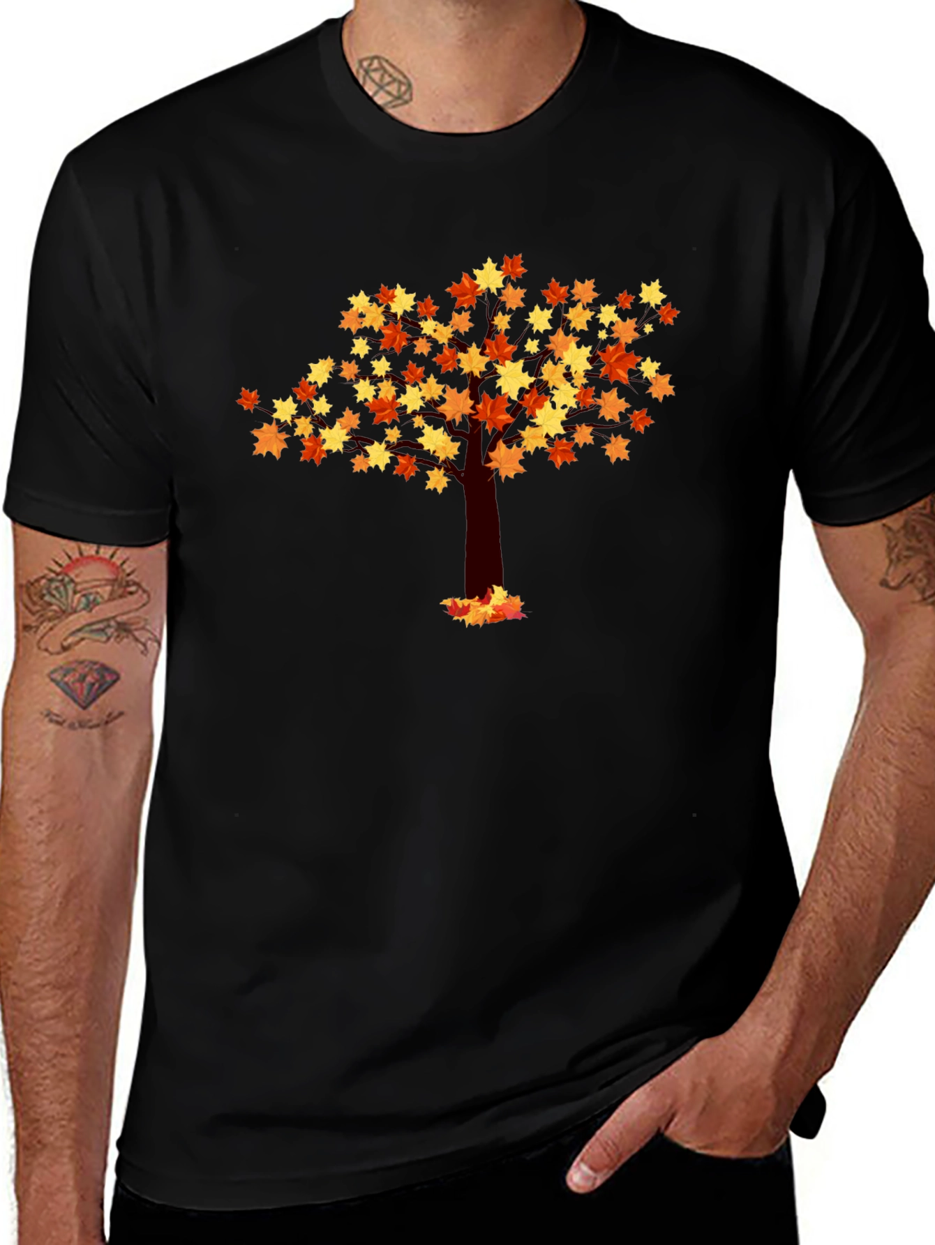 Autumn Leaf Tree Graphic Tee - Black Cotton Shirt