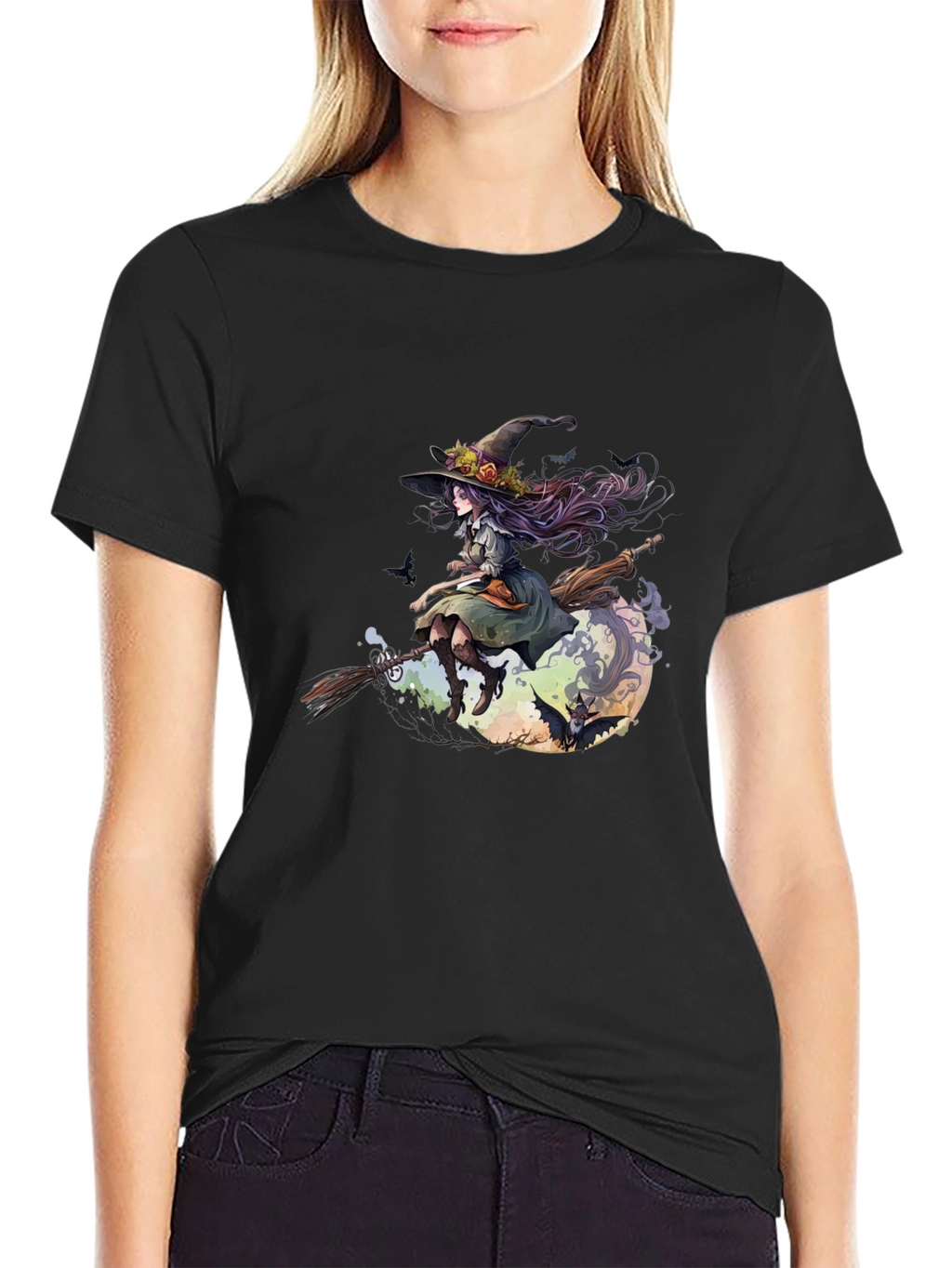 Witch on Broomstick Graphic Tee - Halloween Style