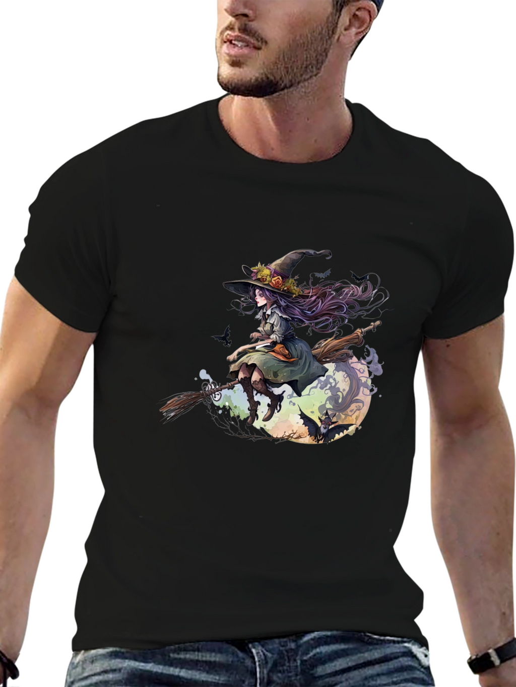 Witch on Broomstick Graphic Tee - Halloween Style