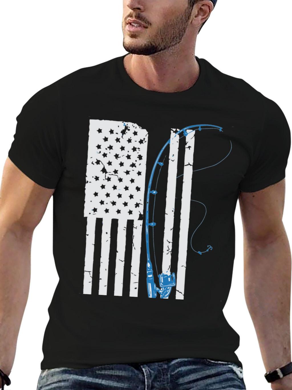 American Flag Fishing Rod Graphic T-Shirt