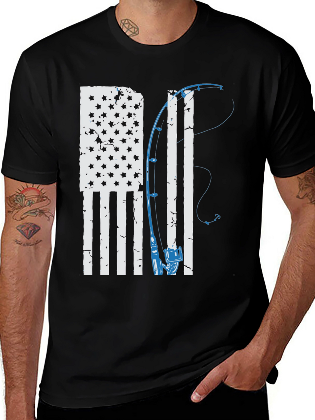 American Flag Fishing Rod Graphic T-Shirt
