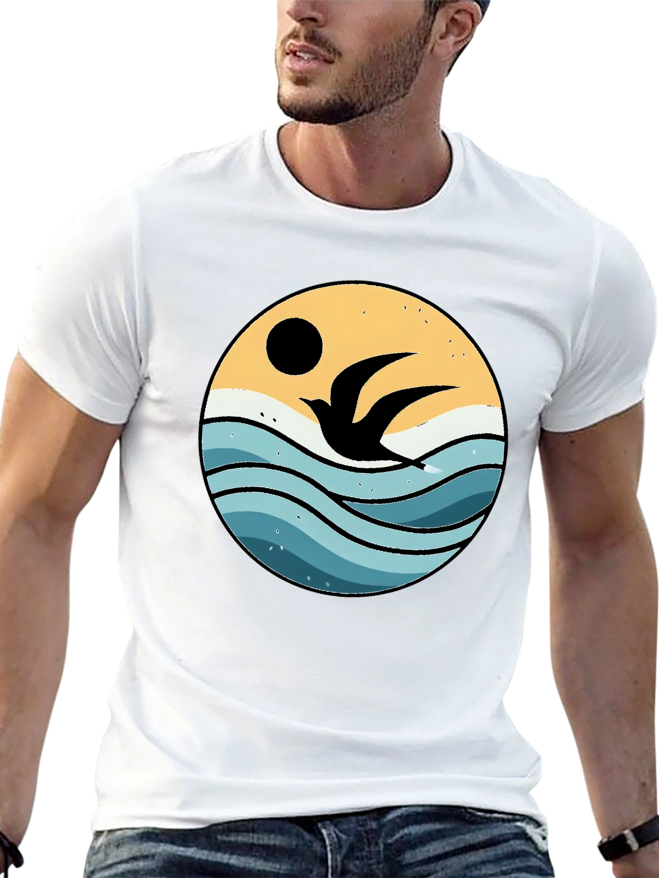 Ocean Bird Graphic Tee - Black Cotton Comfort