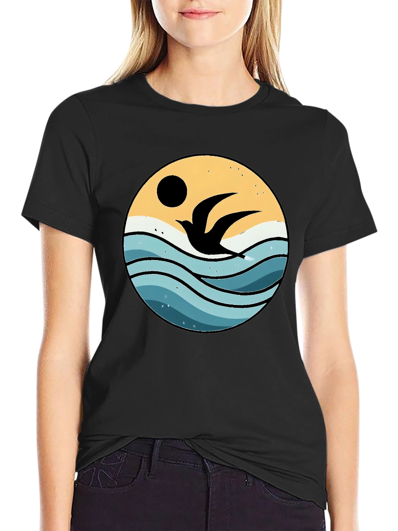 Ocean Bird Graphic Tee - Black Cotton Comfort