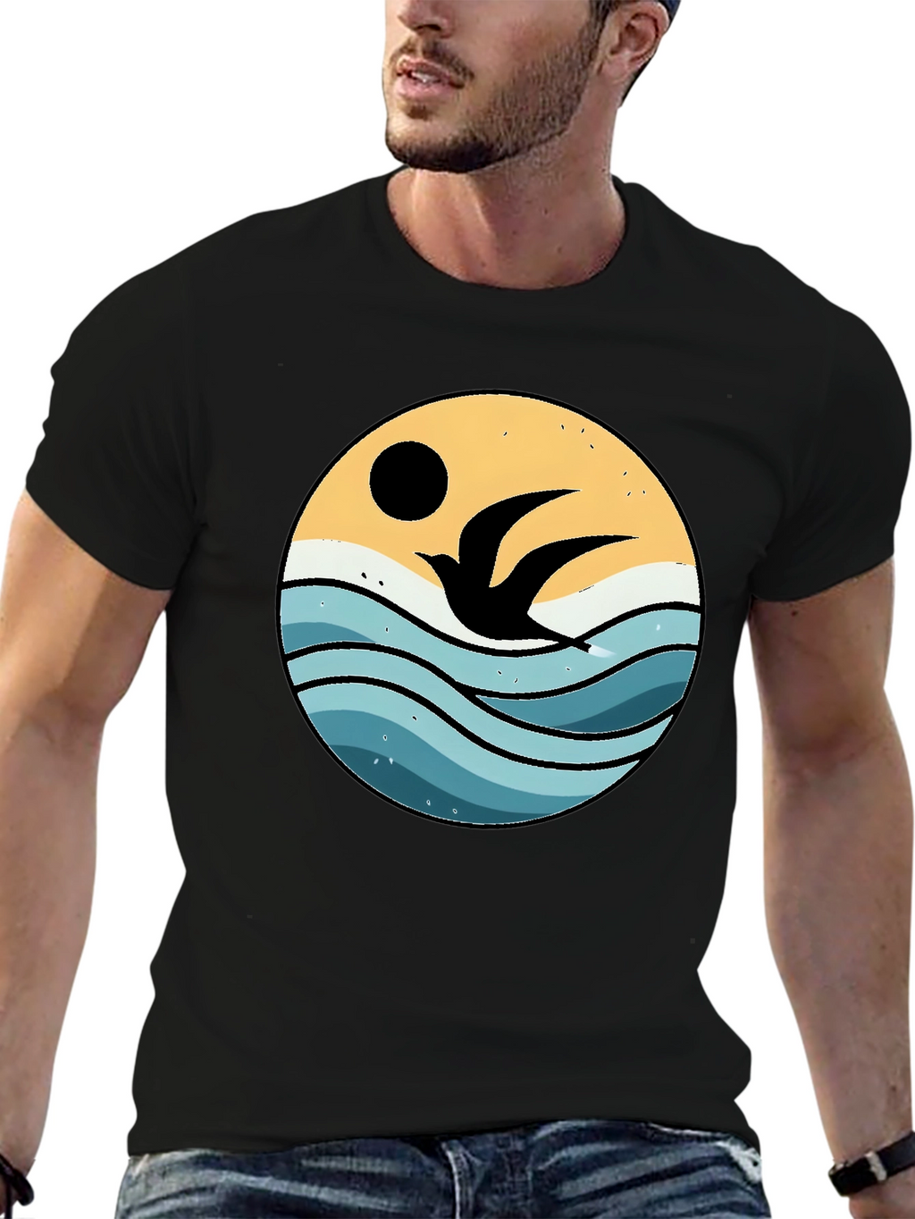 Ocean Bird Graphic Tee - Black Cotton Comfort